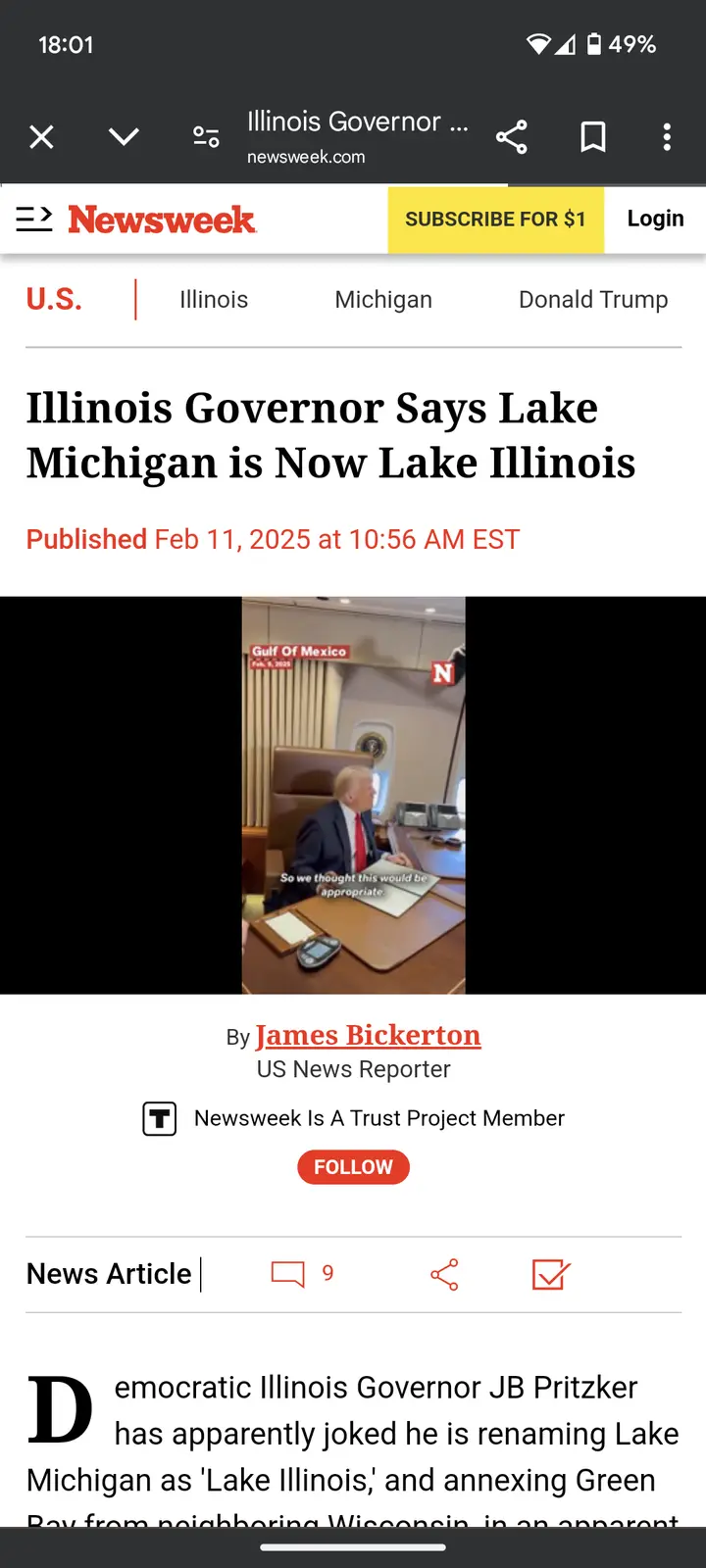 A screenshot of a Newsweek article titled 'Illinois Governor Says Lake Michigan is Now Lake Illinois' features a photo of…