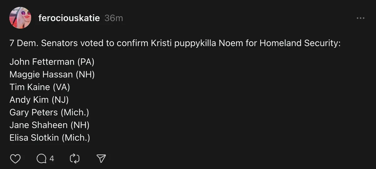 A screenshot of a social media post with white text on a black background listing seven Democratic senators who voted to…