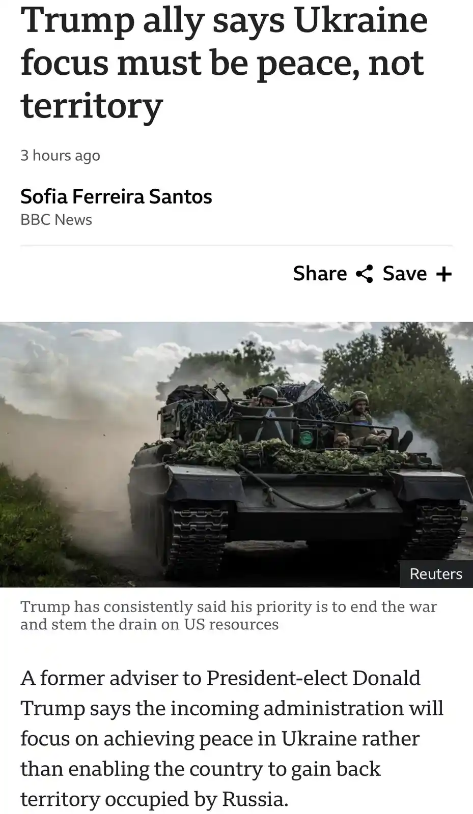 A screenshot of a BBC News article with the headline 'Trump ally says Ukraine focus must be peace, not territory' overlaid…