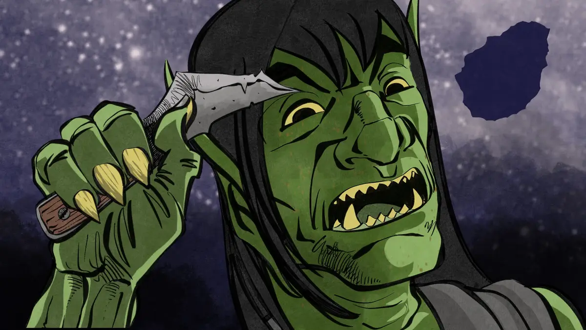A green-skinned, horned monster with sharp teeth and yellow fingernails holds a knife to its own head against a starry night…