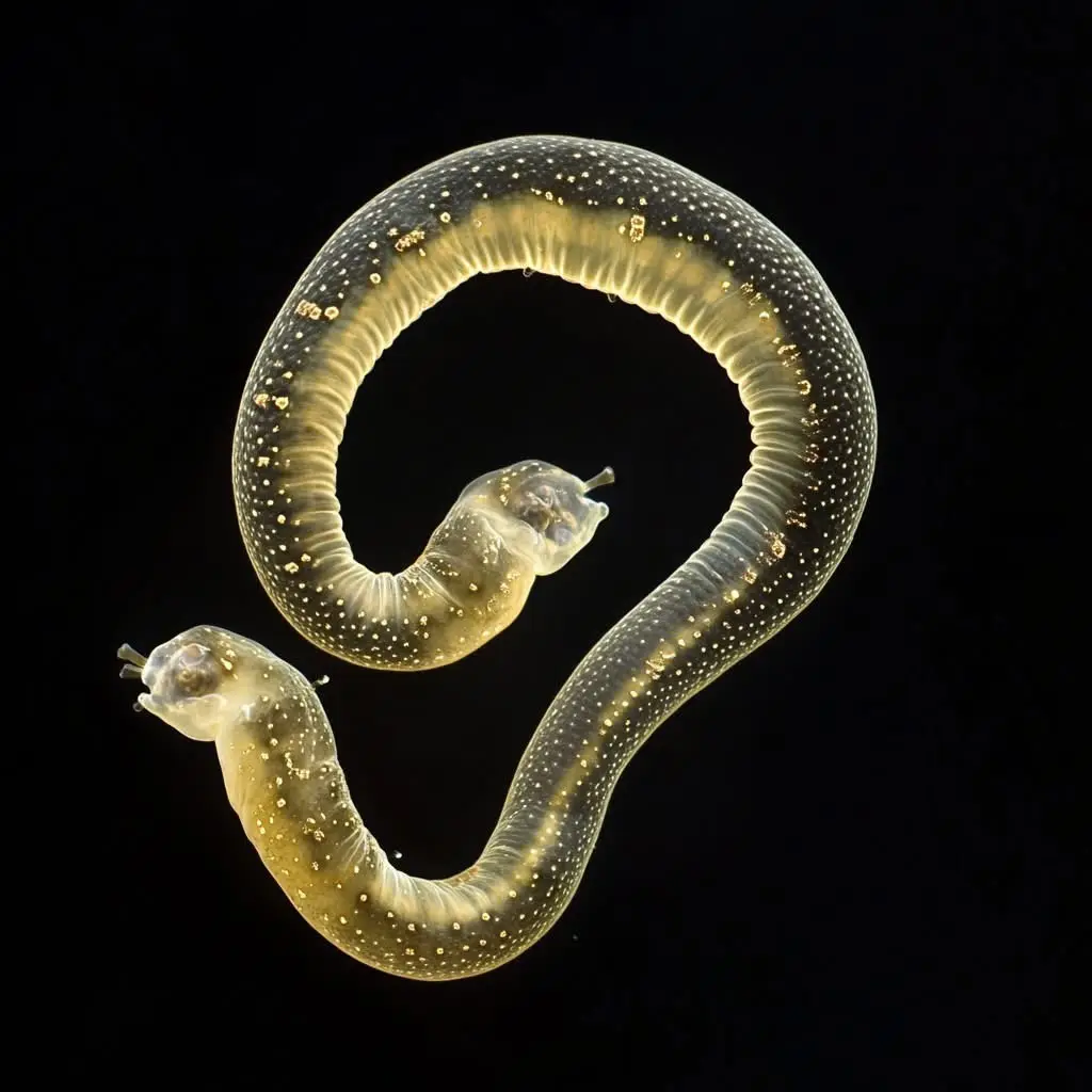 a translucent, segmented worm with two distinct heads curled into a question mark shape against a black background, with…