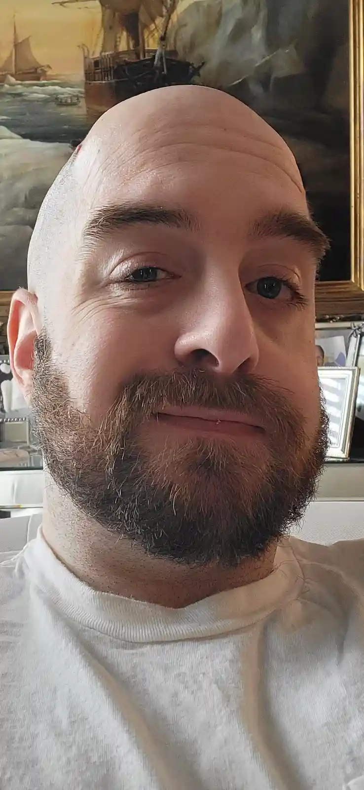 A close-up selfie of a bald man with a full, neatly trimmed beard, wearing a white t-shirt. Behind him is a large framed…