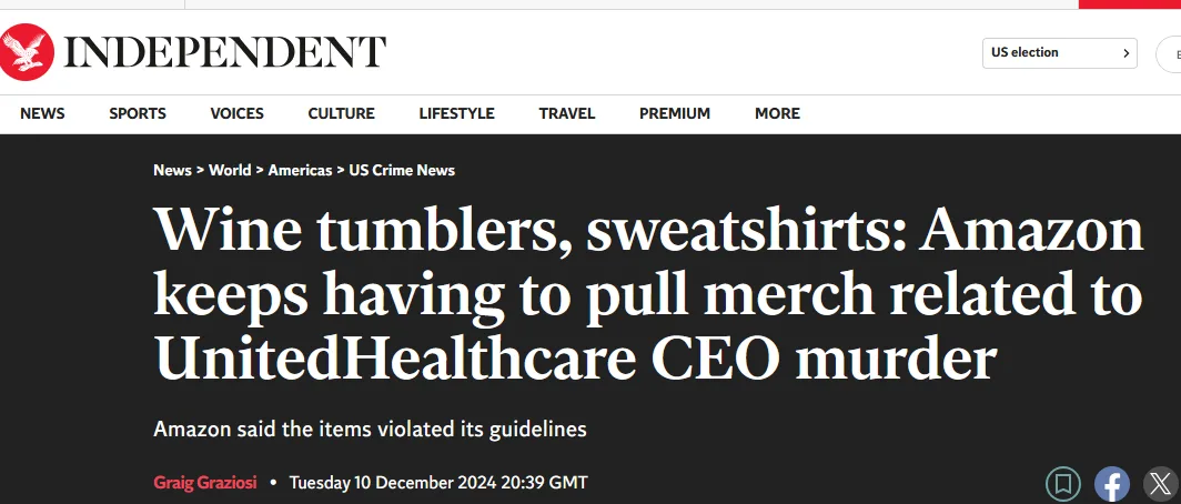 A screenshot of a news article from the Independent with the headline 'Wine tumblers, sweatshirts: Amazon keeps having to…