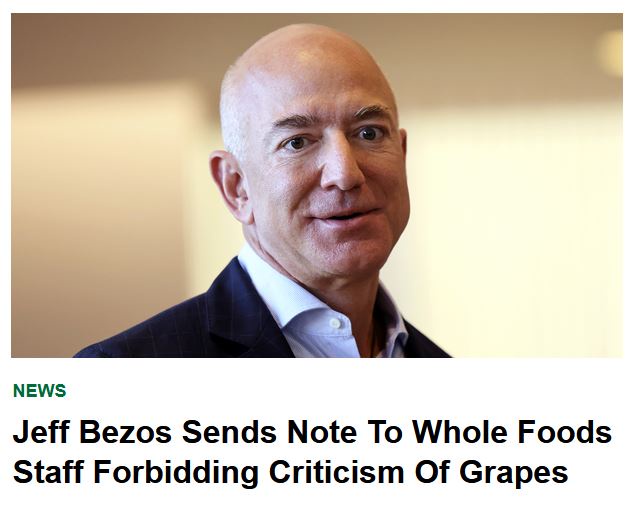 A photo of Jeff Bezos smiling, overlaid with a fake news headline that reads 'Jeff Bezos Sends Note To Whole Foods Staff…