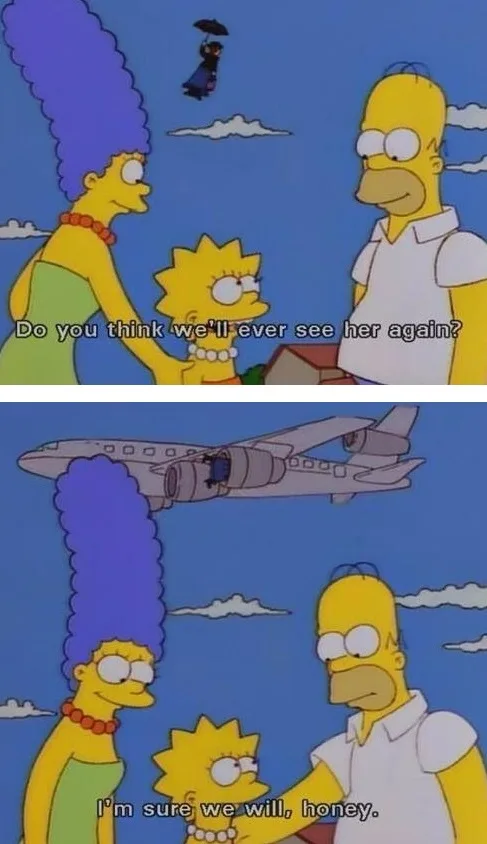 The top panel shows Marge and Lisa Simpson looking up at a small figure parachuting down, with Lisa asking, 'Do you think…