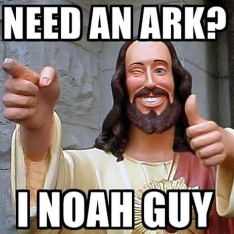 A statue of Jesus Christ with a wide smile, pointing forward with one hand and giving a thumbs-up with the other. The text…
