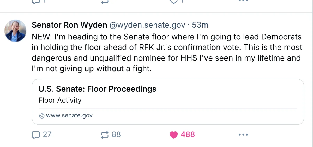 A screenshot of a tweet from Senator Ron Wyden's official account, announcing he is heading to the Senate floor to lead…