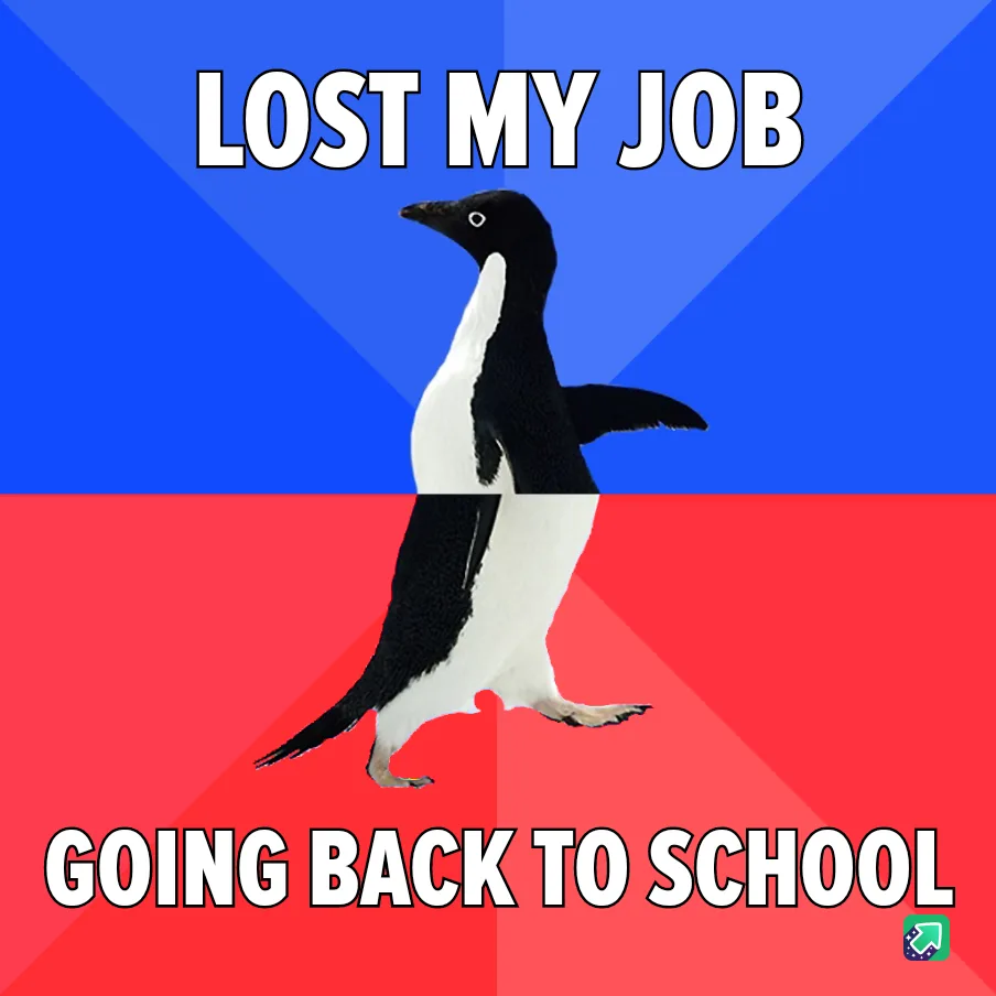 A penguin stands centered against a split background of blue and red, with bold white text at the top reading 'LOST MY JOB'…