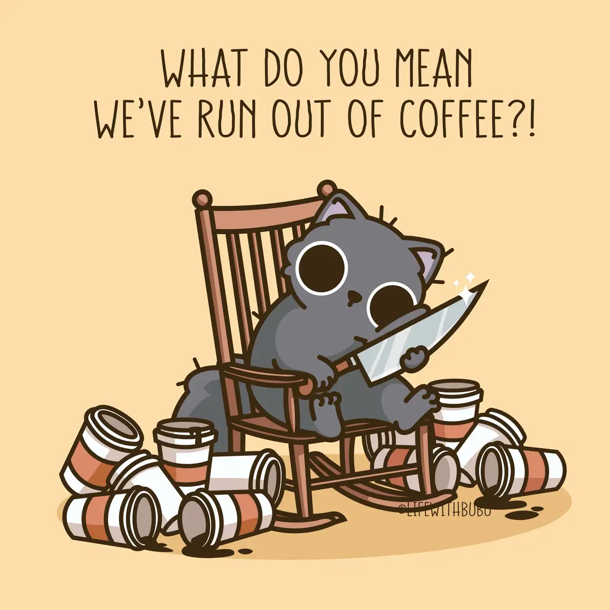A cartoon gray cat sits in a wooden rocking chair, holding a large knife and looking shocked, surrounded by spilled coffee…