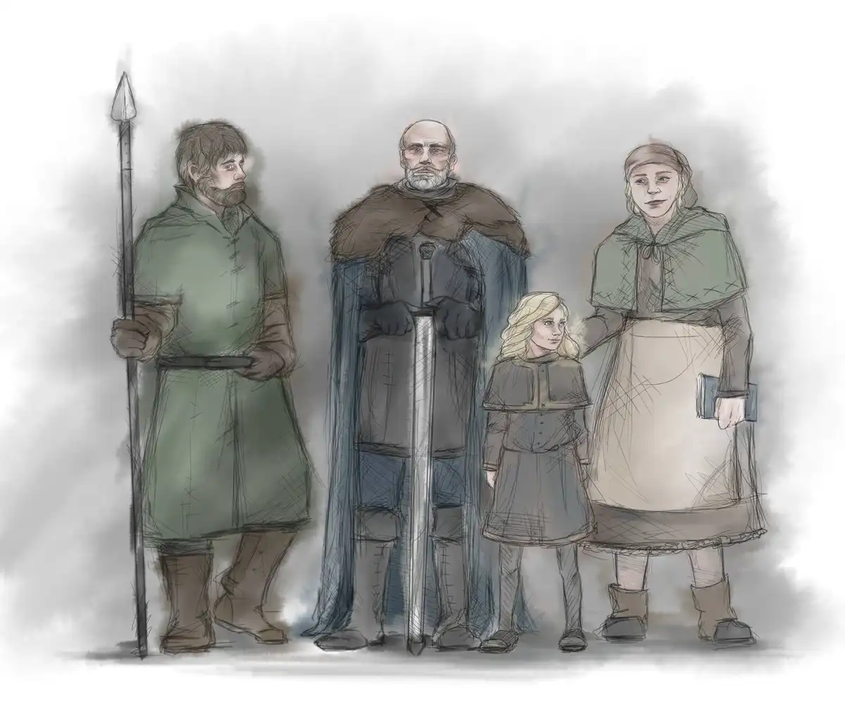A sketch-style illustration depicts four medieval-looking figures: a man with a spear on the left, a bald man in armor…