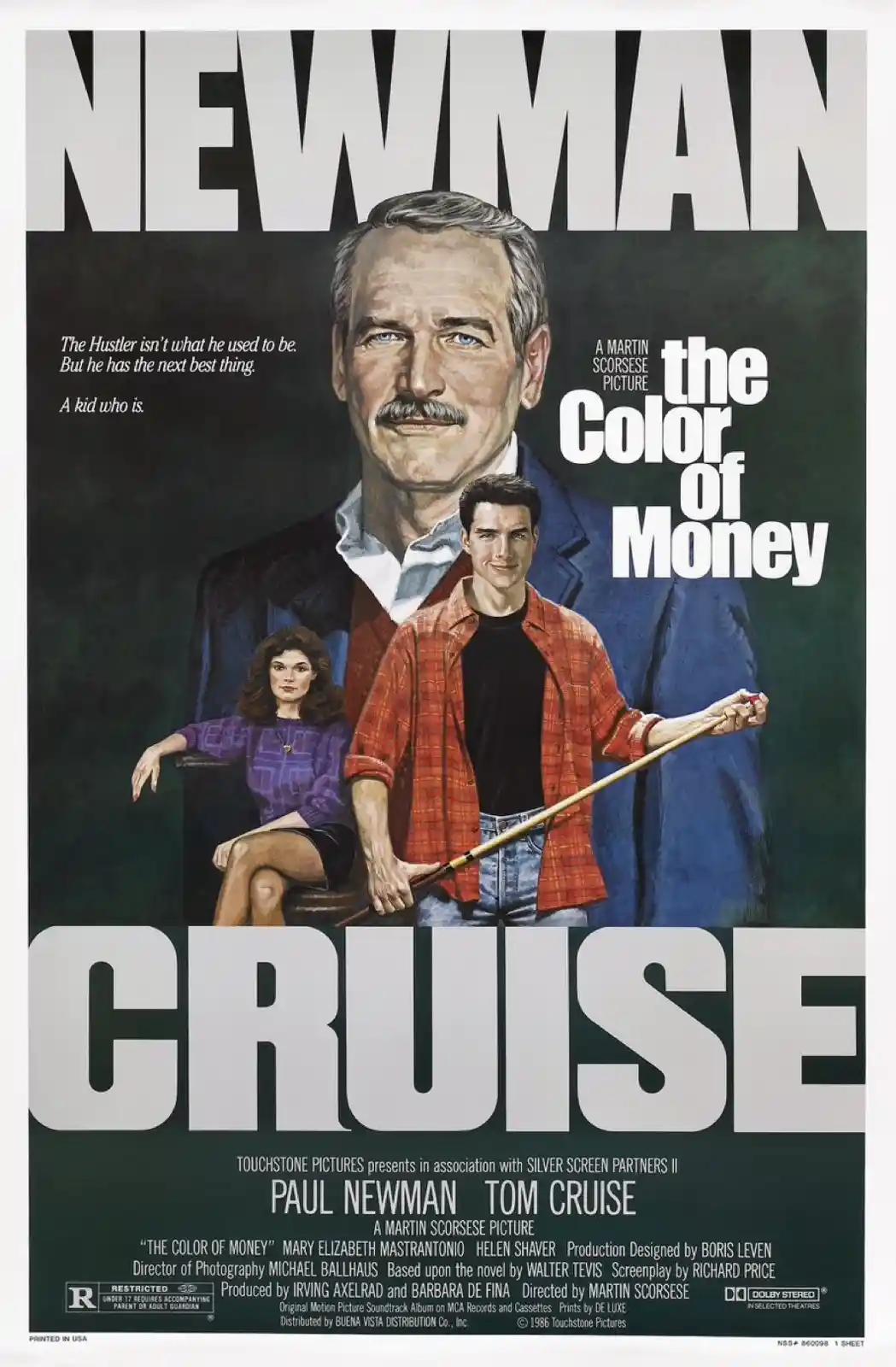 This is a movie poster for 'The Color of Money' featuring Paul Newman and Tom Cruise. Newman is depicted as a large, older…