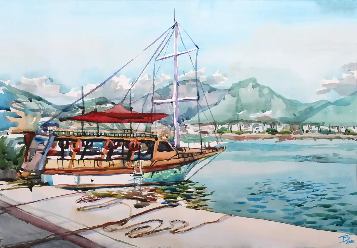 A watercolor painting depicts a wooden boat with a red canopy docked at a pier, with mountains and water in the background…