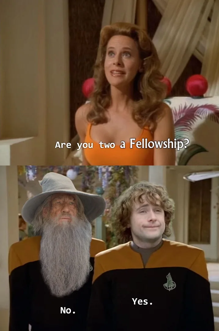 Top panel: A woman in an orange top asks, 'Are you two a Fellowship?' Bottom panel: Two men in Starfleet uniforms, one with…