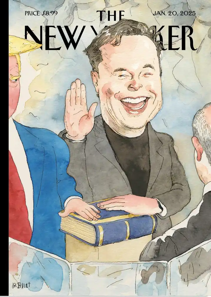 A watercolor-style illustration mimicking The New Yorker magazine cover, dated January 20, 2025, priced at $8.99. It depicts…