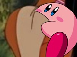 A close-up of the pink, round cartoon character Kirby, who is looking slightly to the side with a neutral or mildly…