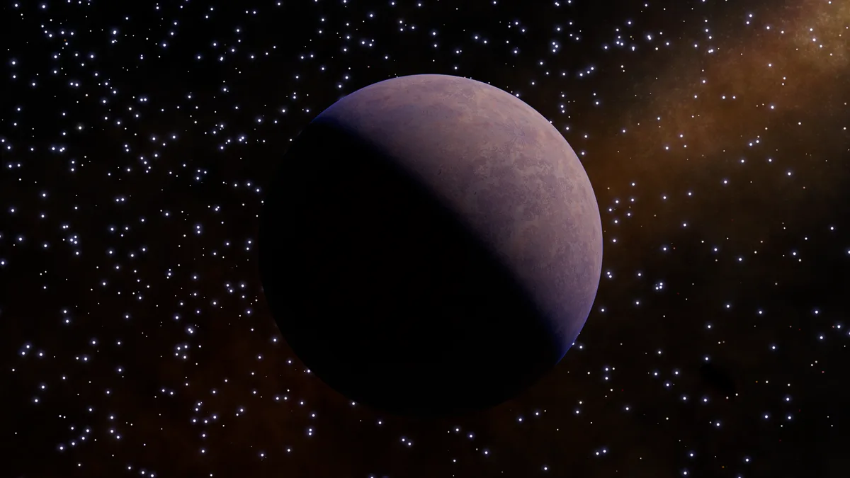 A large, reddish-brown planet with a visible terminator line is centered against a starfield. The planet's surface has a…