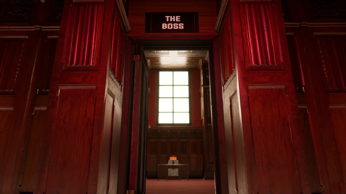 A dimly lit, ornate wooden hallway leads to a doorway marked with a glowing sign that reads 'THE BOSS'. Beyond the door, a…