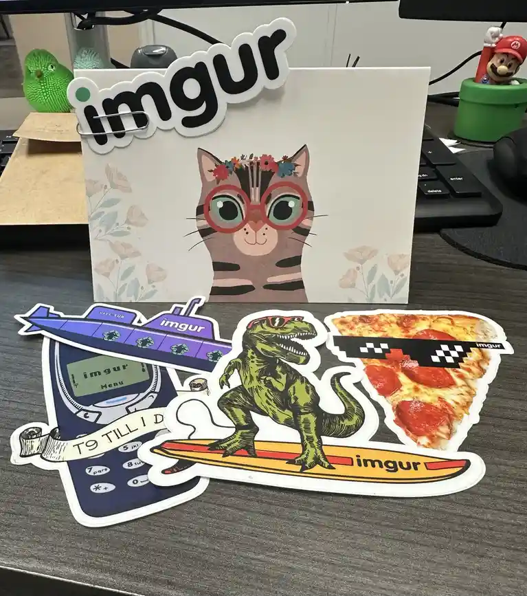 A desk setup features several Imgur-branded stickers: a cat with glasses and a flower crown, a T-Rex surfing on a board, a…