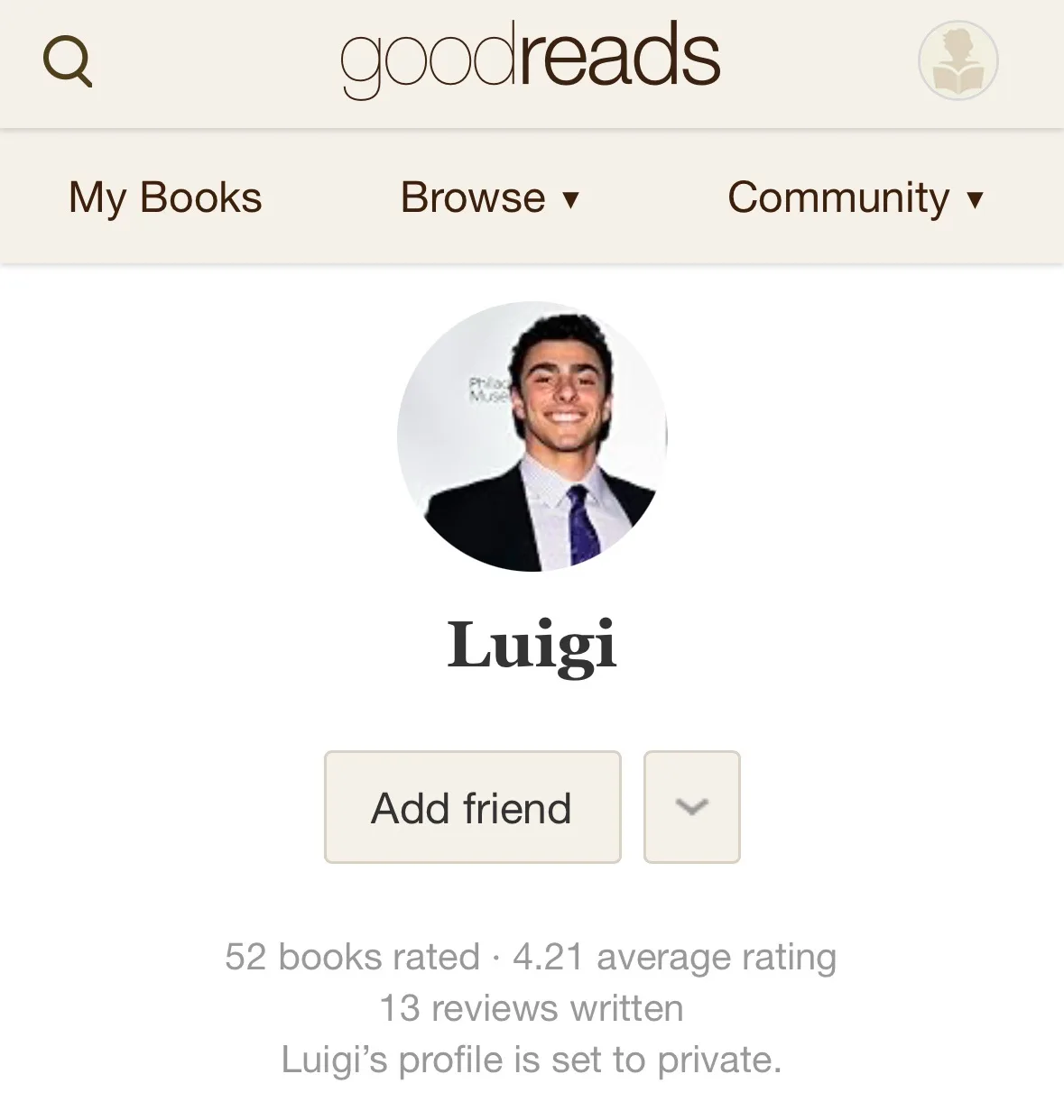 A screenshot of a Goodreads user profile named 'Luigi' with a photo of a smiling man in a suit. The profile shows 52 books…