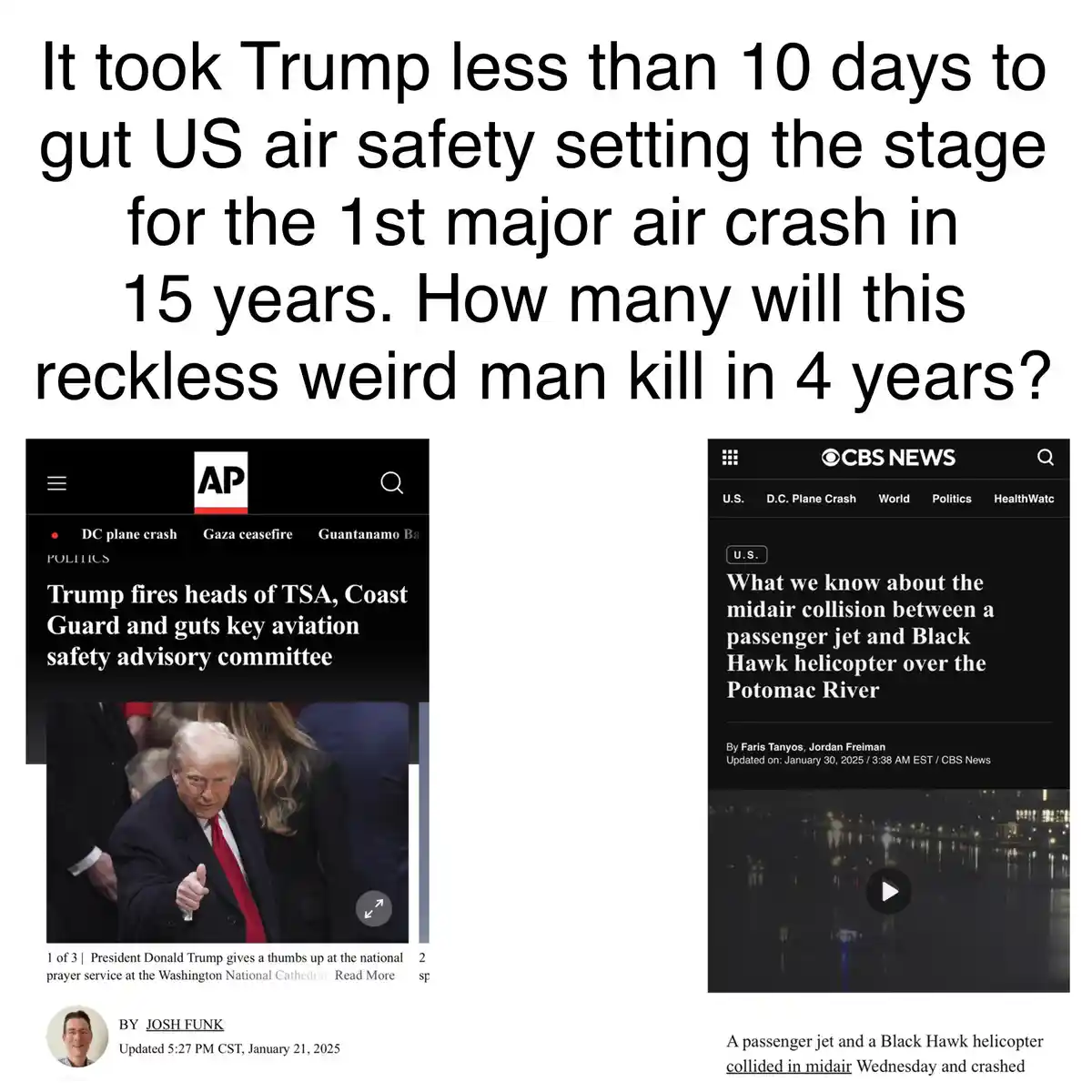 The image displays two side-by-side news article screenshots. The left one from AP News shows a photo of Donald Trump giving…