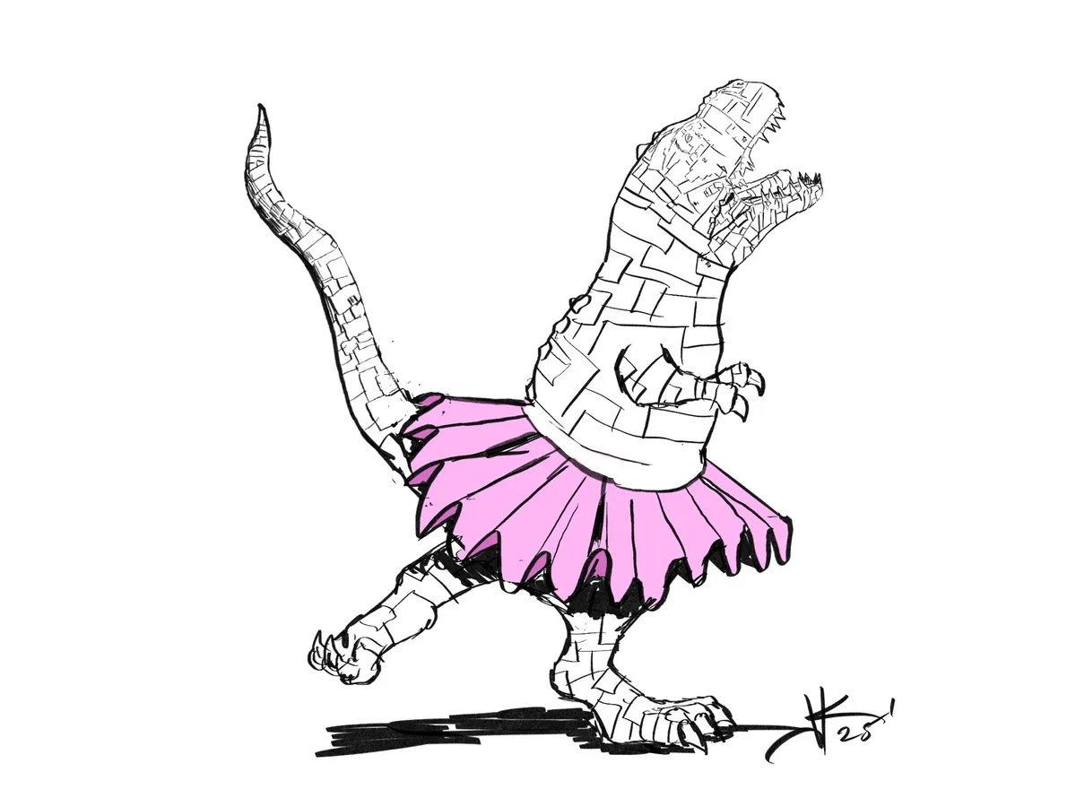 A line drawing of a dinosaur, resembling a Tyrannosaurus Rex, is depicted in a ballet pose with one leg extended and arms…