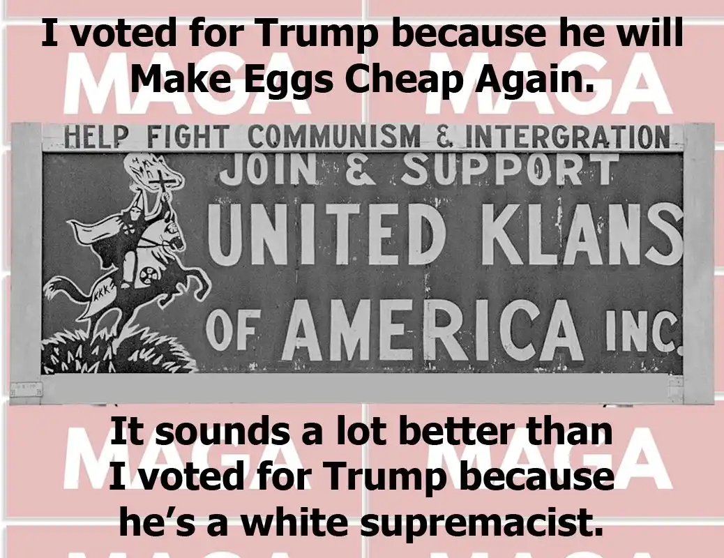 The image displays a vintage black-and-white sign for the United Klans of America Inc., featuring a racist illustration of a…