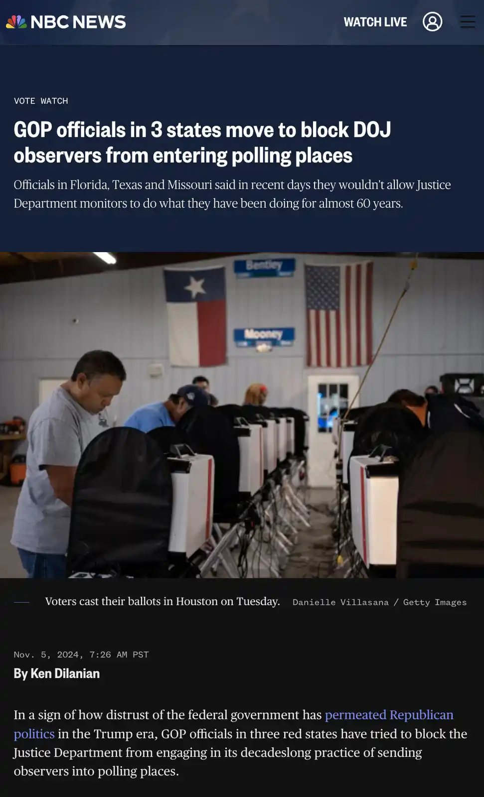An NBC News article screenshot shows voters casting ballots in a Houston polling place, with Texas and U.S. flags visible in…