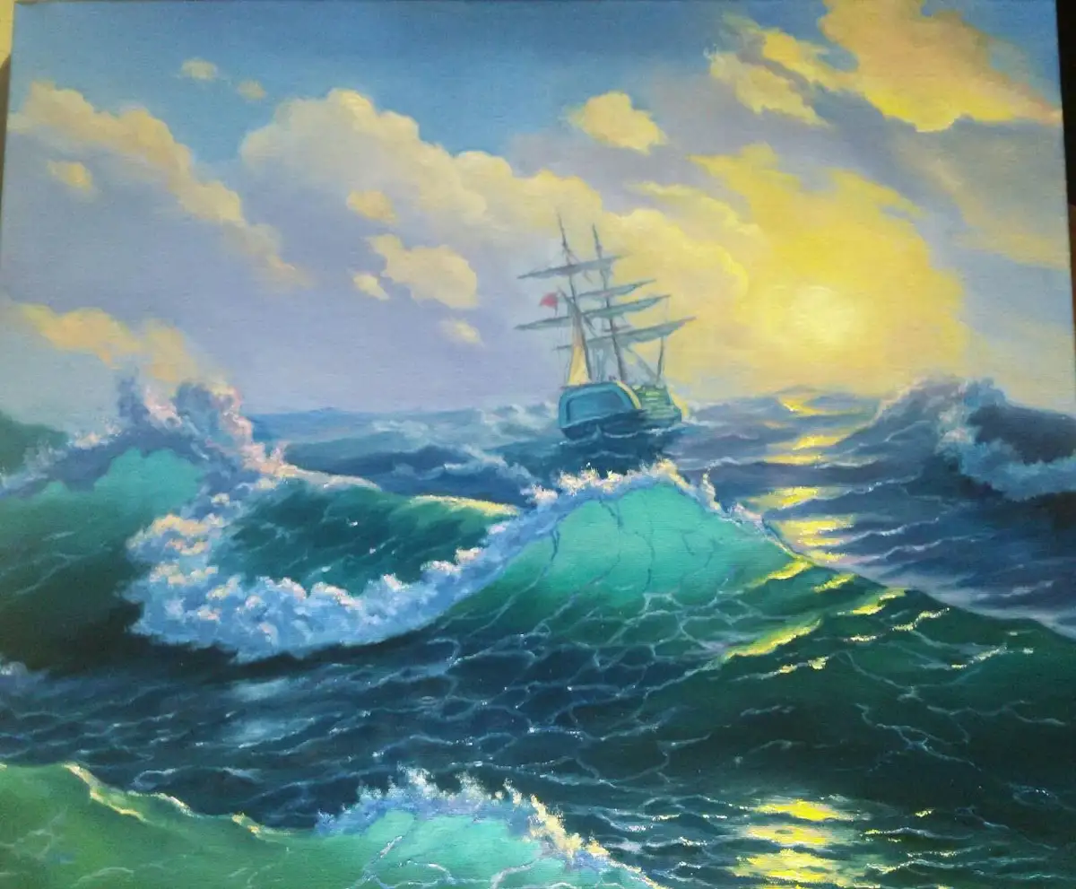 A painting depicts a large sailing ship navigating turbulent, wave-filled ocean waters under a dramatic sky with yellow and…
