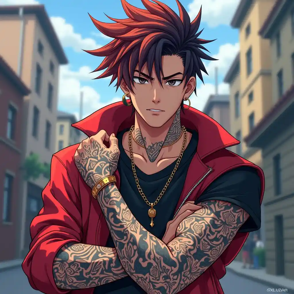 An anime-style illustration of a young man with spiky red and black hair, heavily tattooed arms and neck, wearing a red…