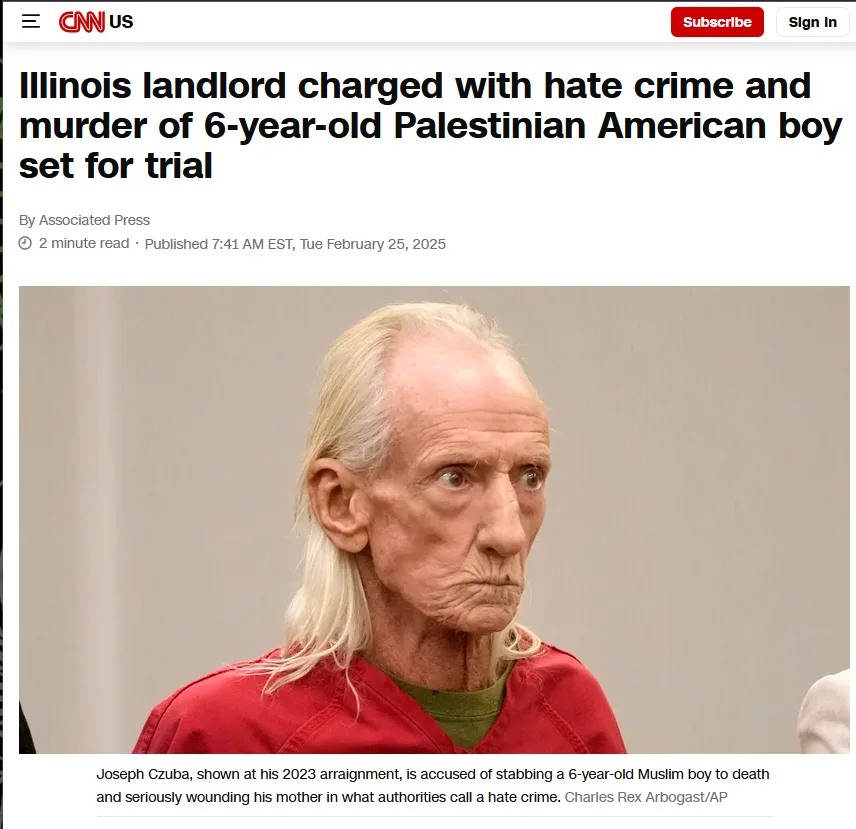 A screenshot of a CNN news article shows an elderly man with long white hair and a red prison jumpsuit looking to the side…