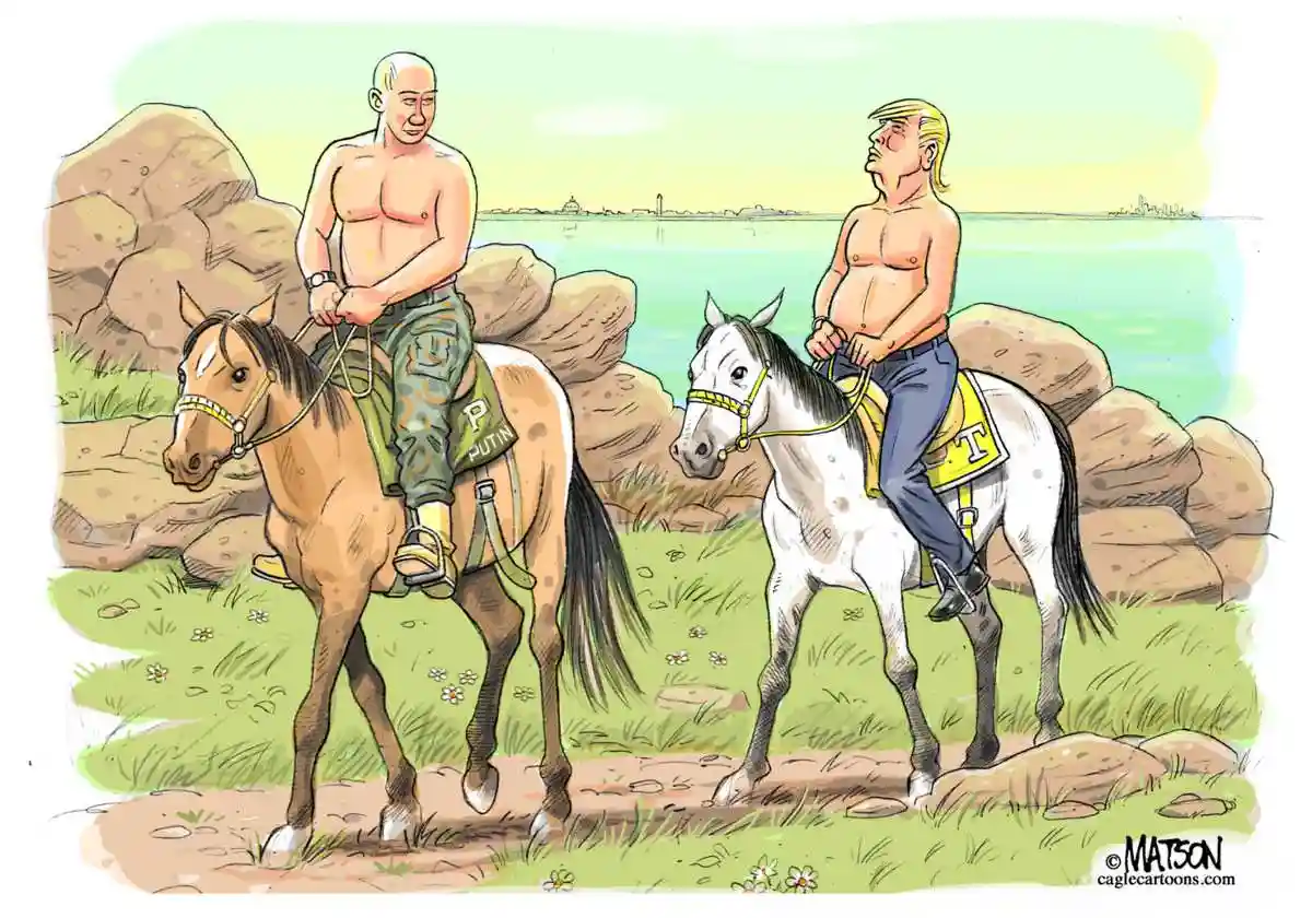 Two shirtless men ride horses along a rocky shoreline; the man on the left, labeled 'PUTIN' on his saddle, looks down with a…