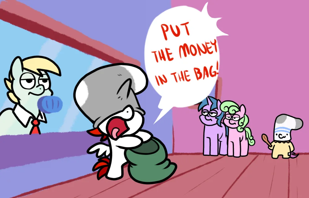 A cartoon pony with a grey hat and red scarf is yelling 'PUT THE MONEY IN THE BAG!' while clutching a green sack. In the…
