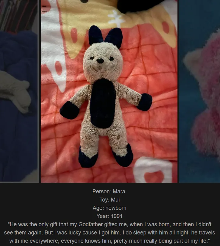 A worn, beige plush toy with black accents on its ears, chest, hands, and feet lies on a colorful quilted blanket. Text…
