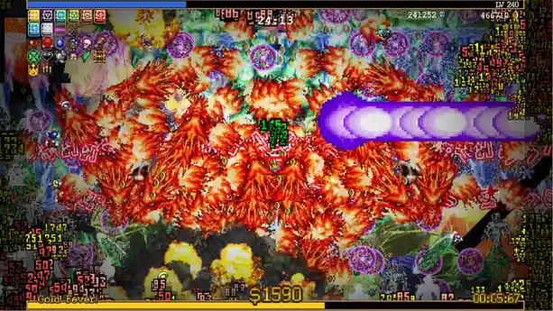 A chaotic, pixelated screenshot from the arcade game 'Galaga' shows a player's ship surrounded by explosions and enemy…