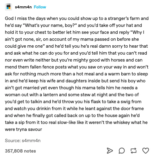 A screenshot of a Tumblr post by user s4mm4n, featuring a long, nostalgic text passage about a fictional rural encounter…