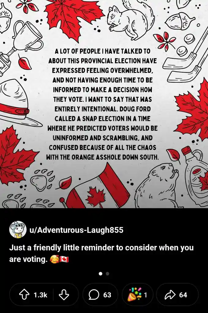 The image features a hand-drawn Canadian-themed background with red maple leaves, a beaver, a moose, a hockey stick, a…