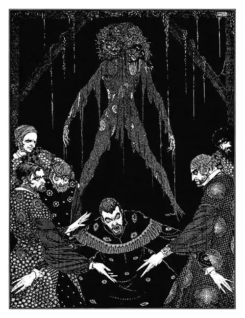 A black-and-white illustration depicts a grotesque, towering demonic figure looming over a group of people in ornate…