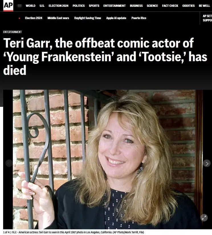 A screenshot of an AP News article header announcing the death of actress Teri Garr, featuring a photo of her smiling in…