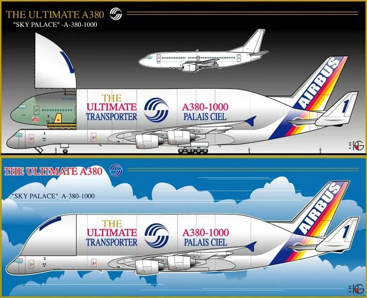 The image displays two identical illustrations of a modified Airbus A380, labeled 'THE ULTIMATE A380 "SKY PALACE"…
