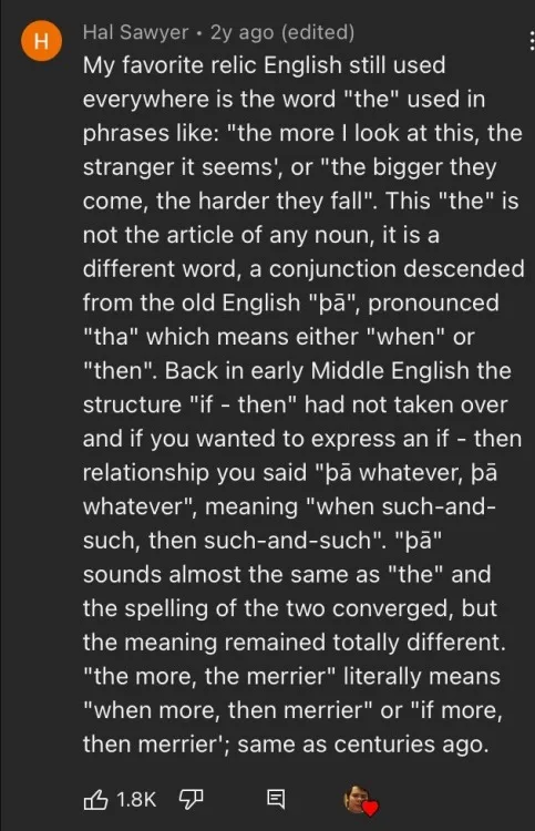 A screenshot of a Reddit comment by user Hal Sawyer explaining the etymology of the word 'the' in English phrases like 'the…