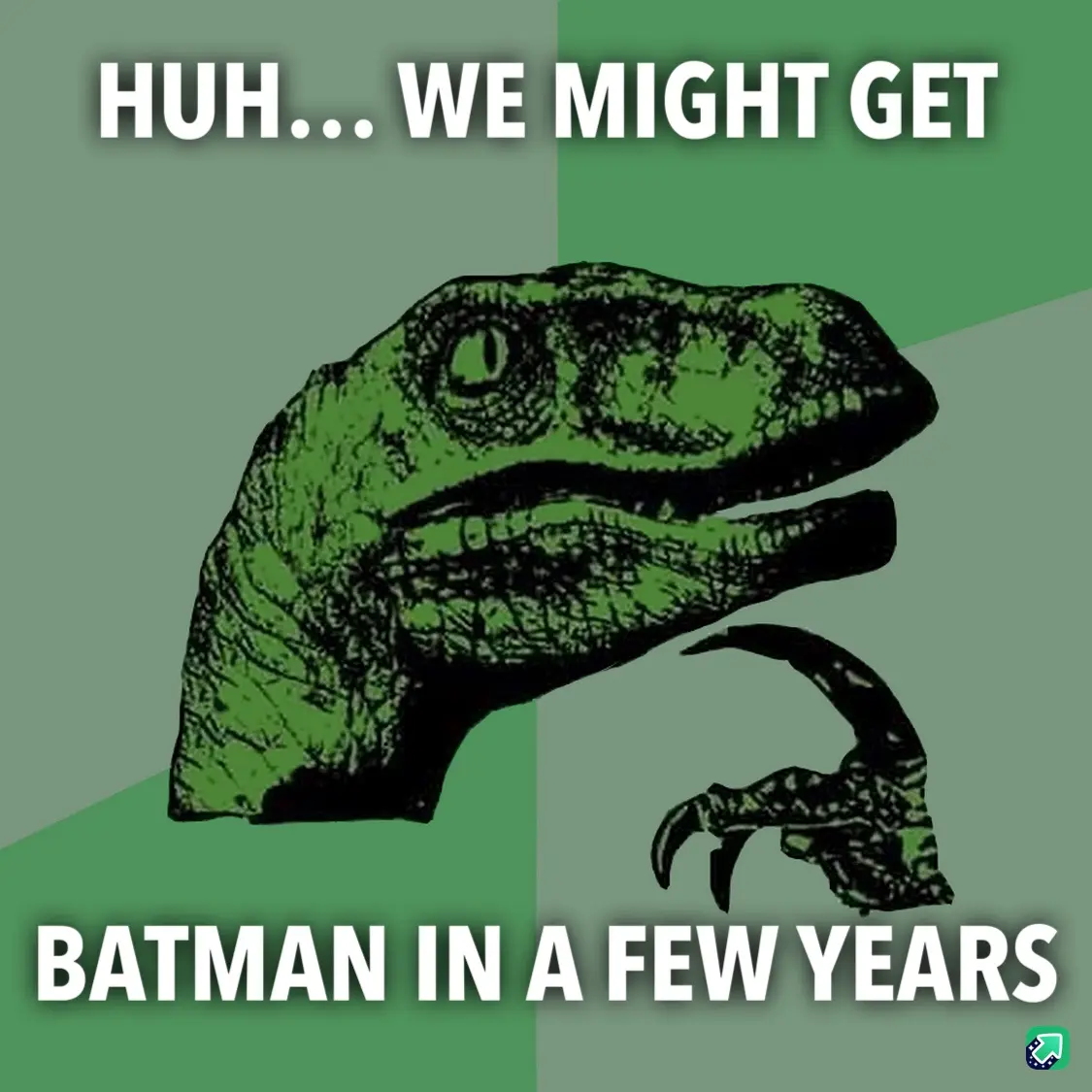 The image features the iconic green, stylized illustration of a raptor, known as 'Philosoraptor,' with a thoughtful…