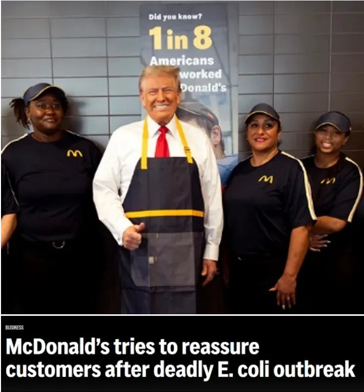 A photo shows Donald Trump wearing a McDonald's apron, standing between three smiling female employees in McDonald's…
