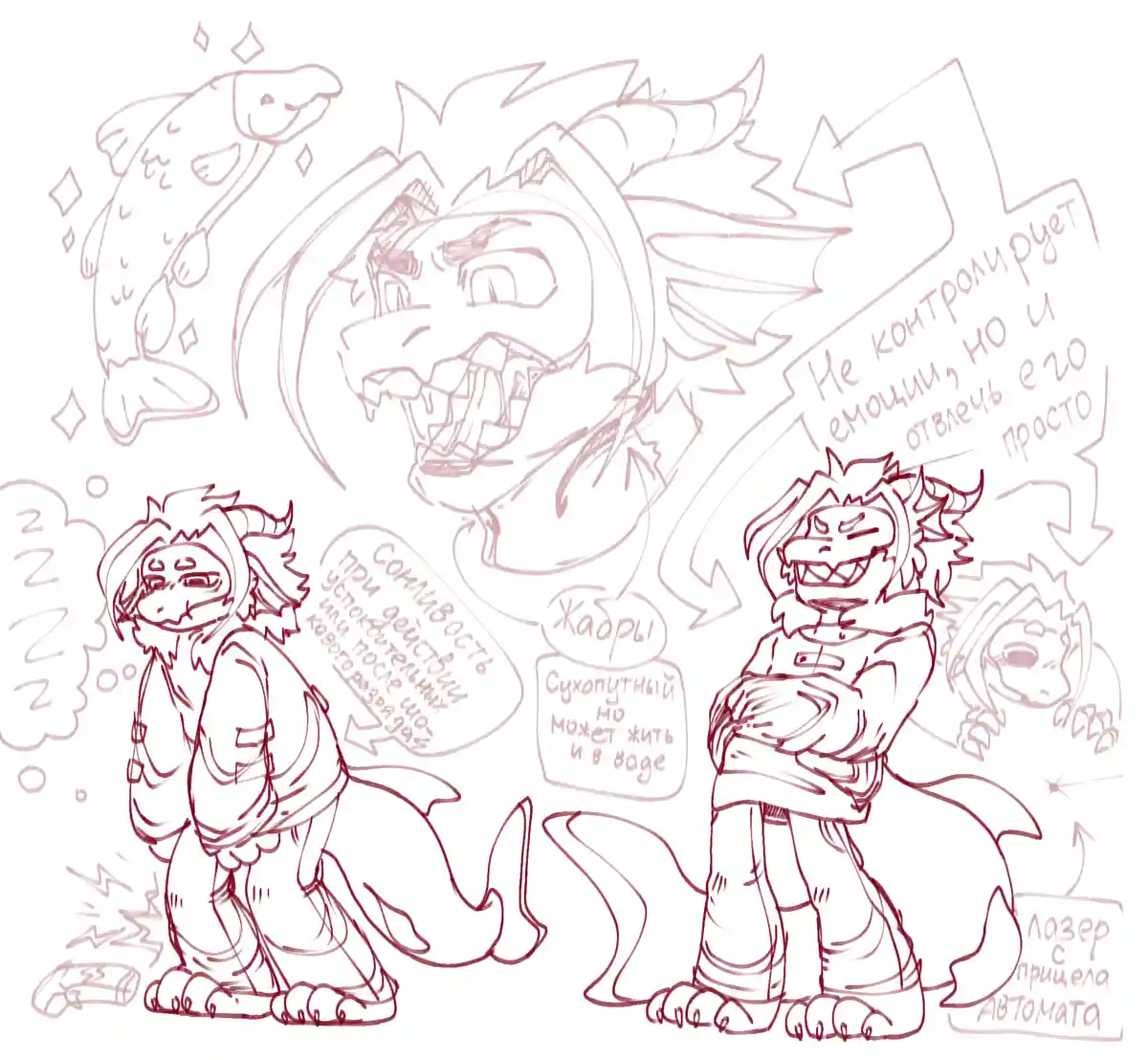 A red-line sketch shows two anthropomorphic lion-like characters with various text bubbles describing their traits. One…