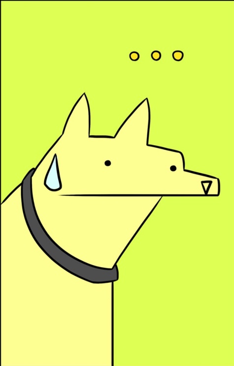 A minimalist cartoon dog with a black collar has a single blue sweat drop on its forehead and three yellow dots above its…