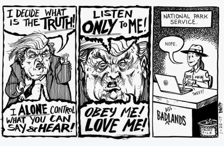 A three-panel black-and-white political cartoon shows a caricature of Donald Trump shouting authoritarian demands in the…