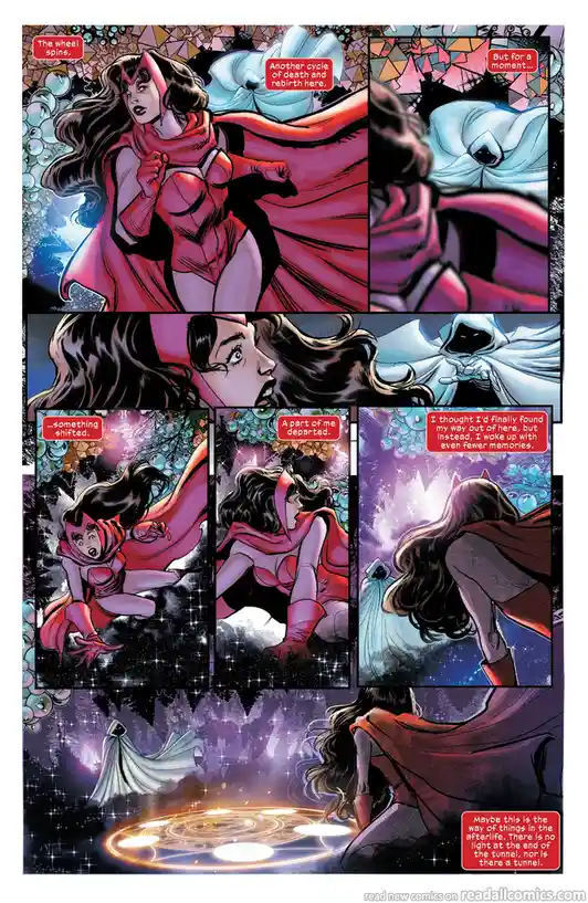 A comic panel sequence shows a female superhero in a red costume, seemingly in an afterlife or mystical realm, interacting…