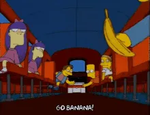 A sequence of six panels from The Simpsons shows Bart Simpson in a banana-themed setting, starting with a banana flying…
