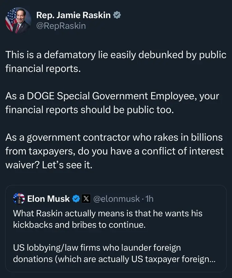 A screenshot of a Twitter thread shows Rep. Jamie Raskin accusing Elon Musk of a defamatory lie and demanding public…