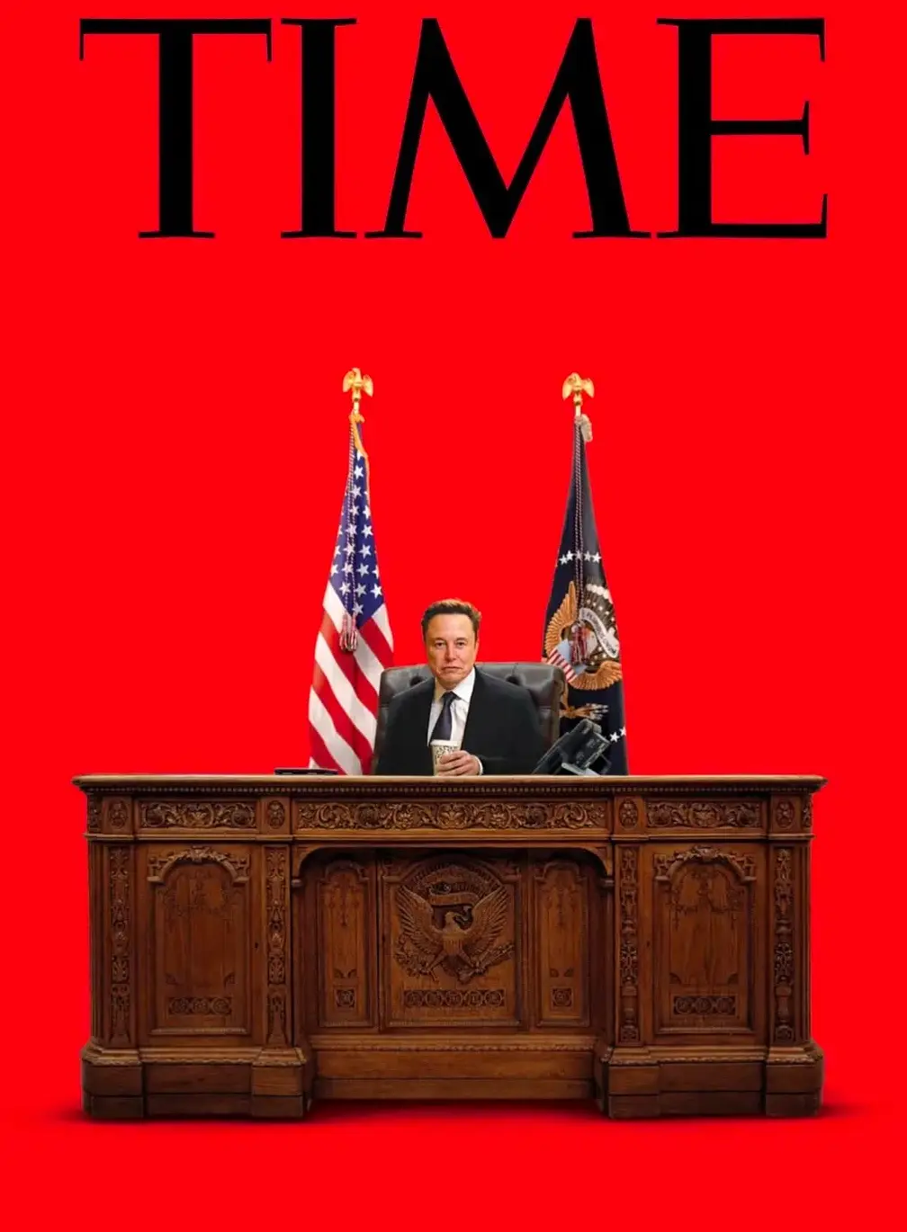 A digitally altered image mimicking a TIME magazine cover, featuring Elon Musk seated at a large, ornate wooden presidential…