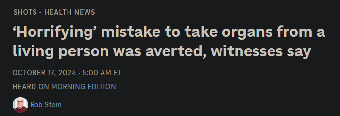 A screenshot of a news headline from 'SHOTS - HEALTH NEWS' dated October 17, 2024, reads: 'Horrifying' mistake to take…